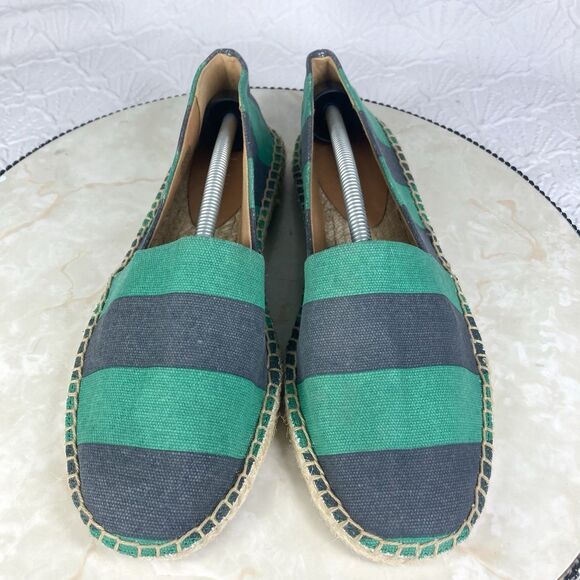 J. Crew Slip On Espadrille Flat Shoes 8 Navy Blue Green Striped Canvas Loafers - Picture 4 of 13